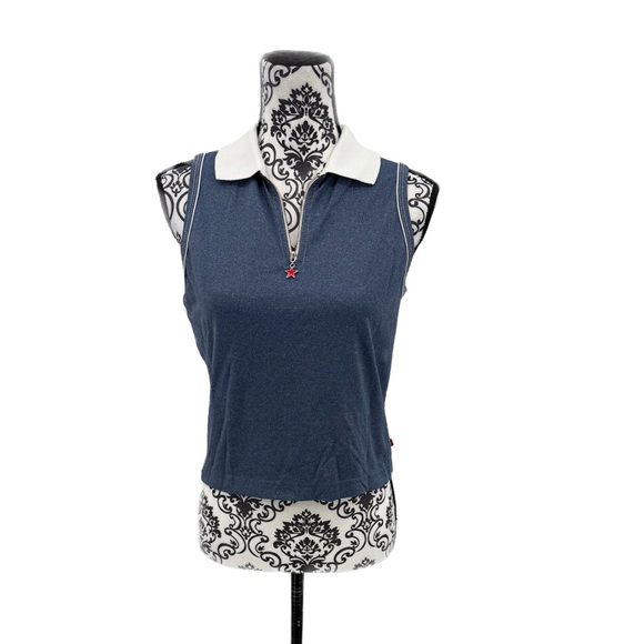 Tail Sleeveless Quarter Zip Navy White Collar Golf Athletic Shirt Red Star Charm - Picture 1 of 12